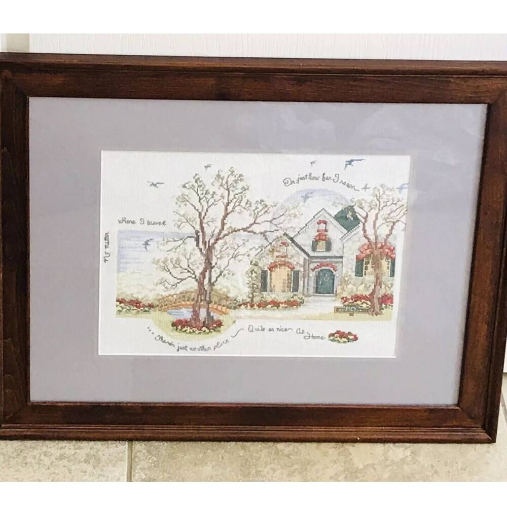 Cottage Home Tree Bridge Large Completed Needlework Frame Embroidery Cross stitc